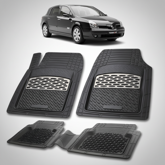 set de covorase din cauciuc negre cu accente gri cu un renault velsatis hatchback(luxury) negru in fundal