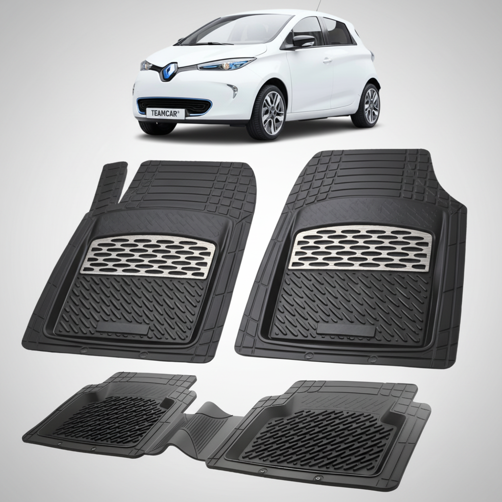 set de covorase din cauciuc negre cu accente gri cu o renault zoe hatchback electric alba in fundal