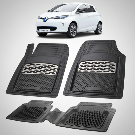 set de covorase din cauciuc negre cu accente gri cu o renault zoe hatchback electric alba in fundal