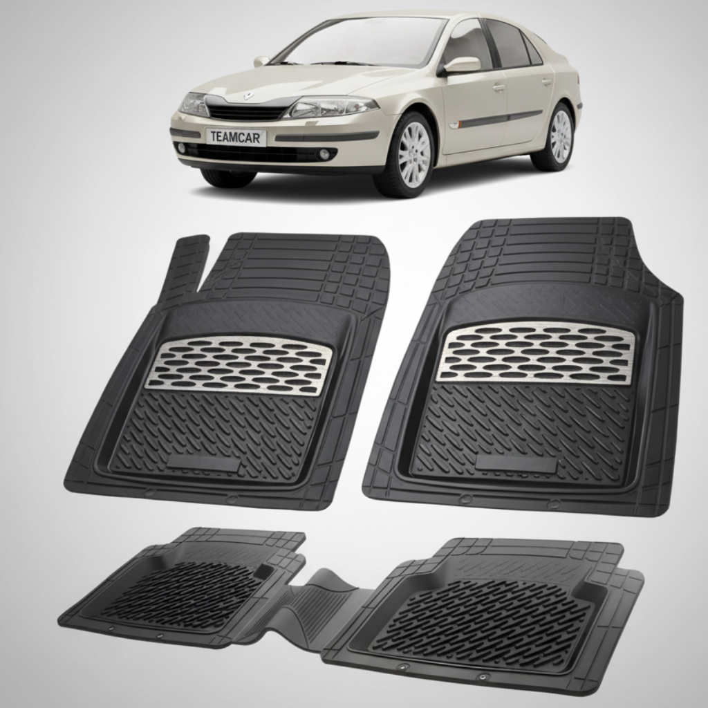 set de covorase din cauciuc negre cu accente gri cu un renault laguna ii hatchback bej in fundal