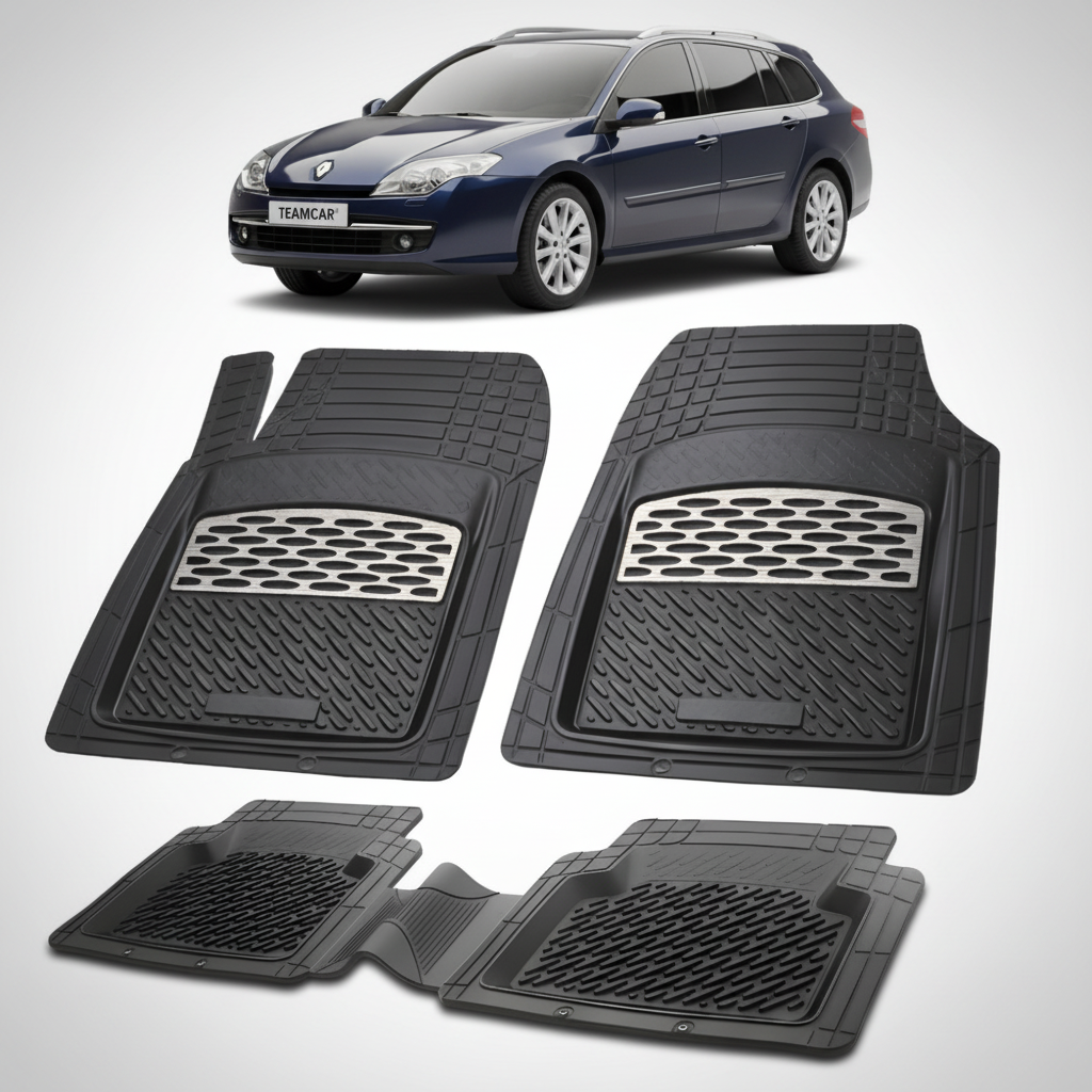 set de covorase din cauciuc negre cu accente gri cu un renault laguna iii estate albastru inchis in fundal