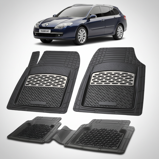 set de covorase din cauciuc negre cu accente gri cu un renault laguna iii estate albastru inchis in fundal