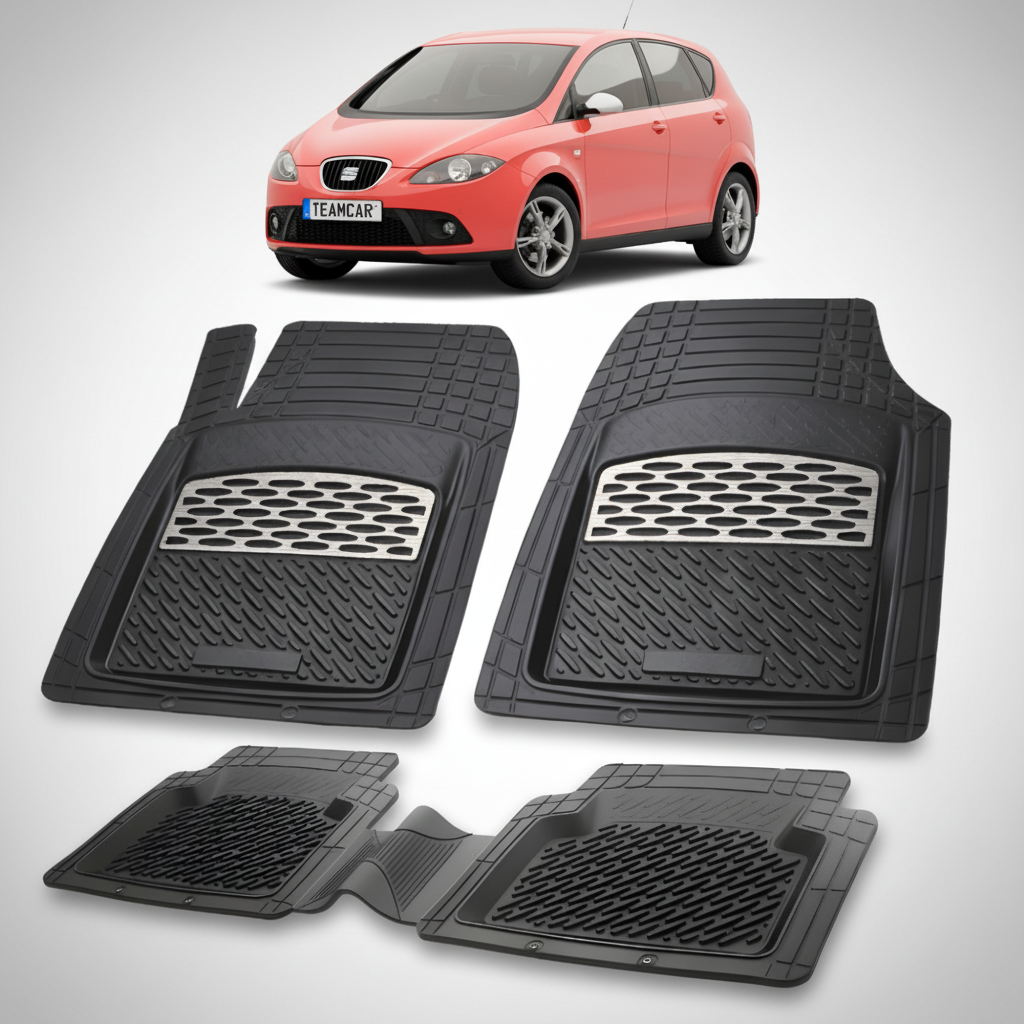 set de covorase din cauciuc negre cu accente gri cu un seat altea mk1 mpv rosu in fundal