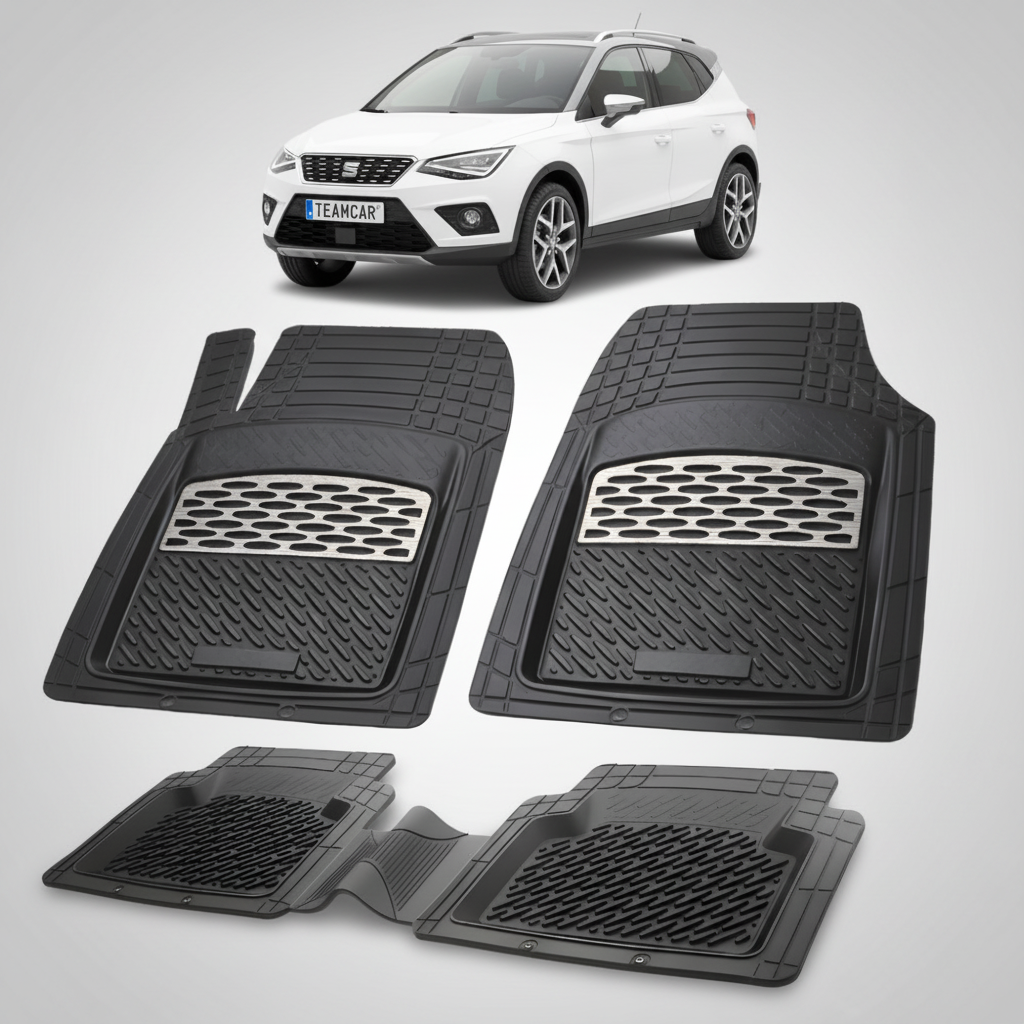 set de covorase din cauciuc negre cu accente gri cu un seat arona mk1 suv alb in fundal