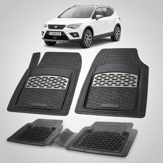 set de covorase din cauciuc negre cu accente gri cu un seat arona mk1 suv alb in fundal