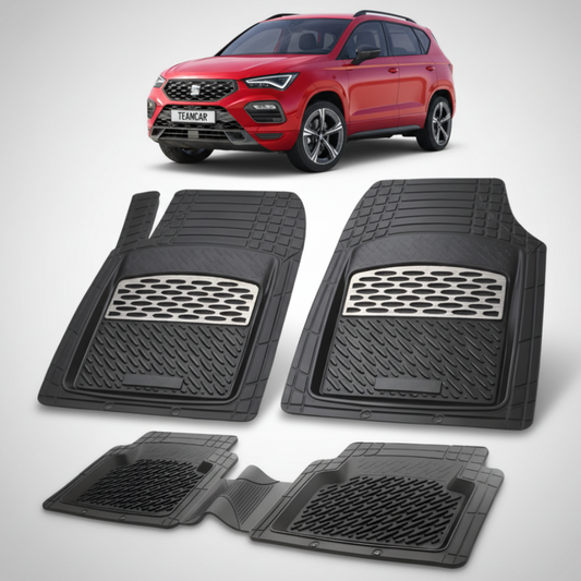 set de covorase din cauciuc negre cu accente gri cu un seat ateca suv facelift rosu in fundal