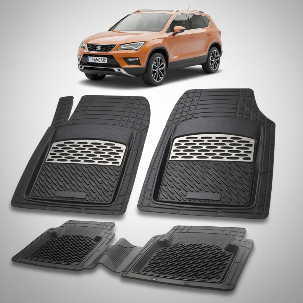 set de covorase din cauciuc negre cu accente gri cu un seat ateca mk1 suv portocaliu in fundal