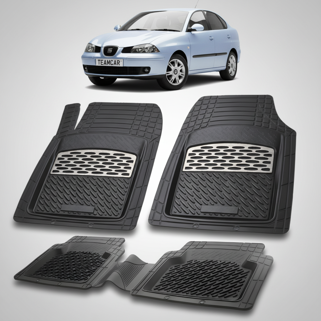 set de covorase din cauciuc negre cu accente gri cu un seat cordoba sedan gen 2 albastru deschis in fundal