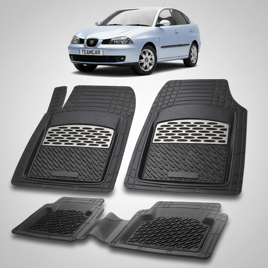 set de covorase din cauciuc negre cu accente gri cu un seat cordoba sedan gen 2 albastru deschis in fundal