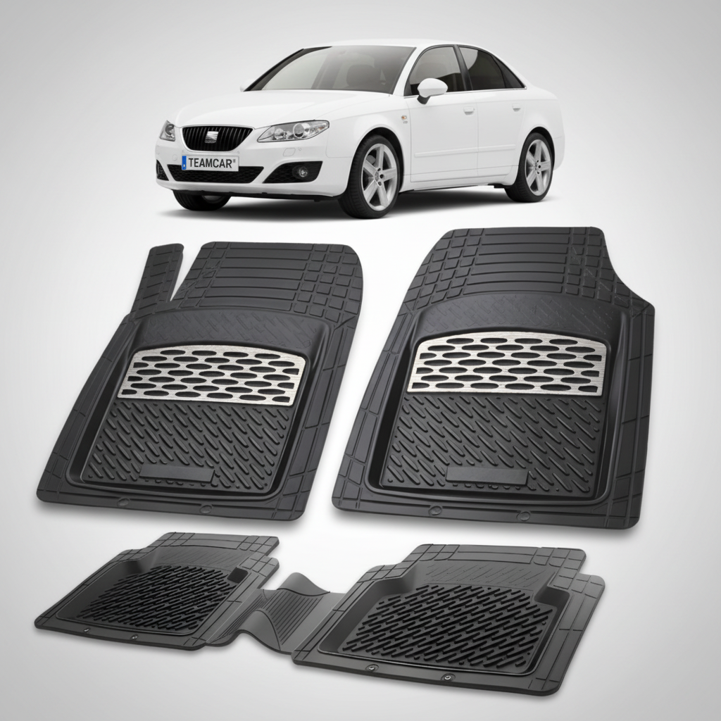 set de covorase din cauciuc negre cu accente gri cu un seat exeo sedan alb in fundal