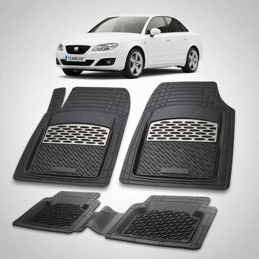 set de covorase din cauciuc negre cu accente gri cu un seat exeo sedan alb in fundal