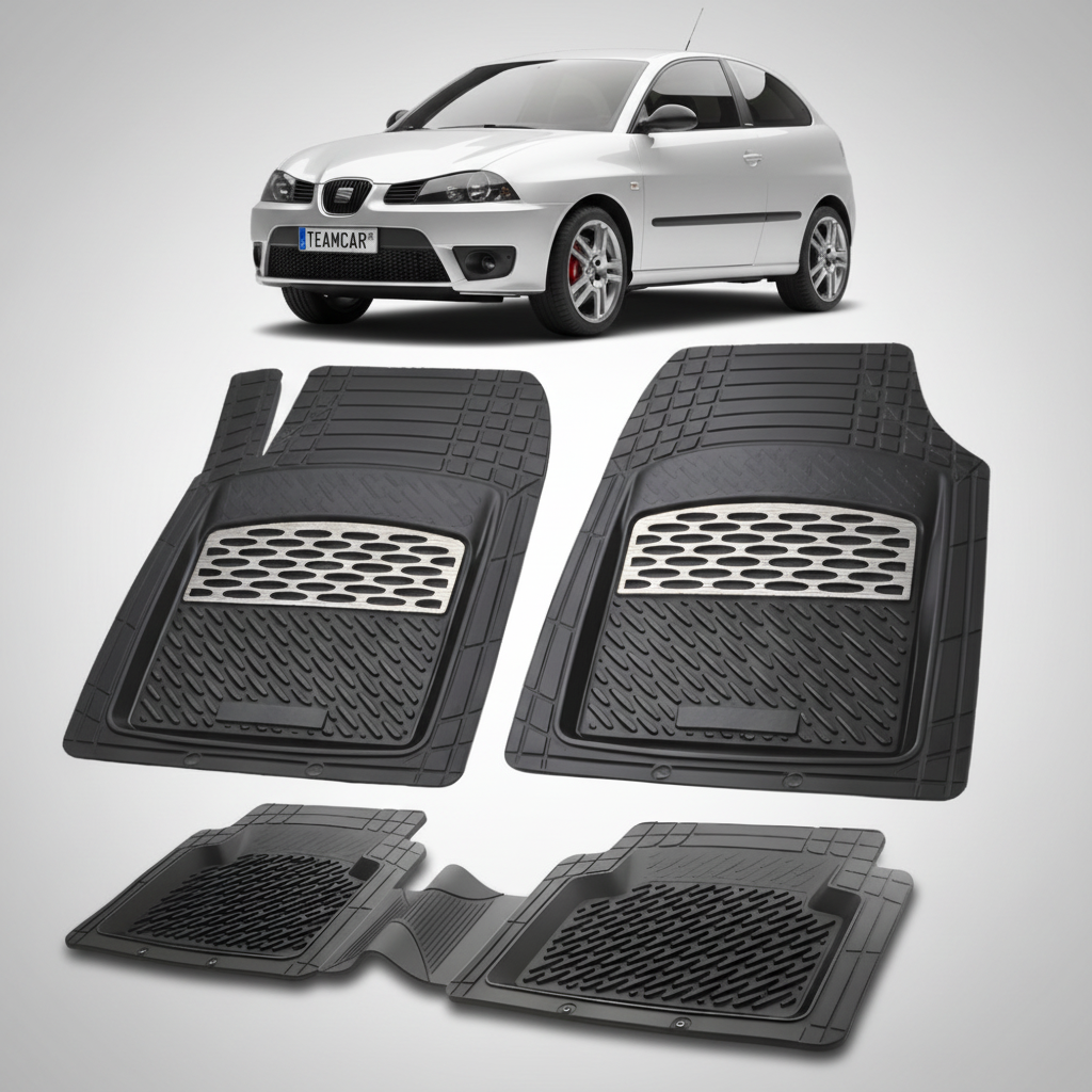 set de covorase din cauciuc negre cu accente gri cu un seat ibiza hatchback 3 usi facelift argintiu in fundal