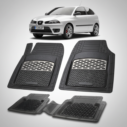 set de covorase din cauciuc negre cu accente gri cu un seat ibiza hatchback 3 usi facelift argintiu in fundal