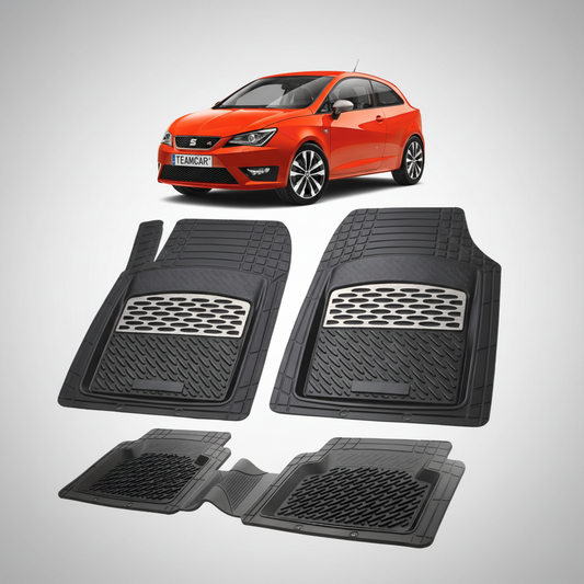 set de covorase din cauciuc negre cu accente gri cu un seat ibiza hatchback 3 usi facelift rosu in fundal