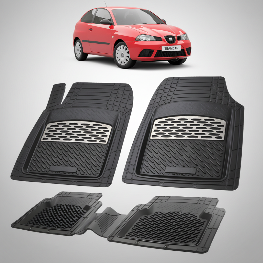set de covorase din cauciuc negre cu accente gri cu un seat ibiza hatchback 3 usi rosu in fundal