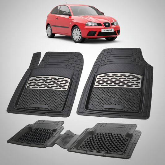 set de covorase din cauciuc negre cu accente gri cu un seat ibiza hatchback 3 usi rosu in fundal