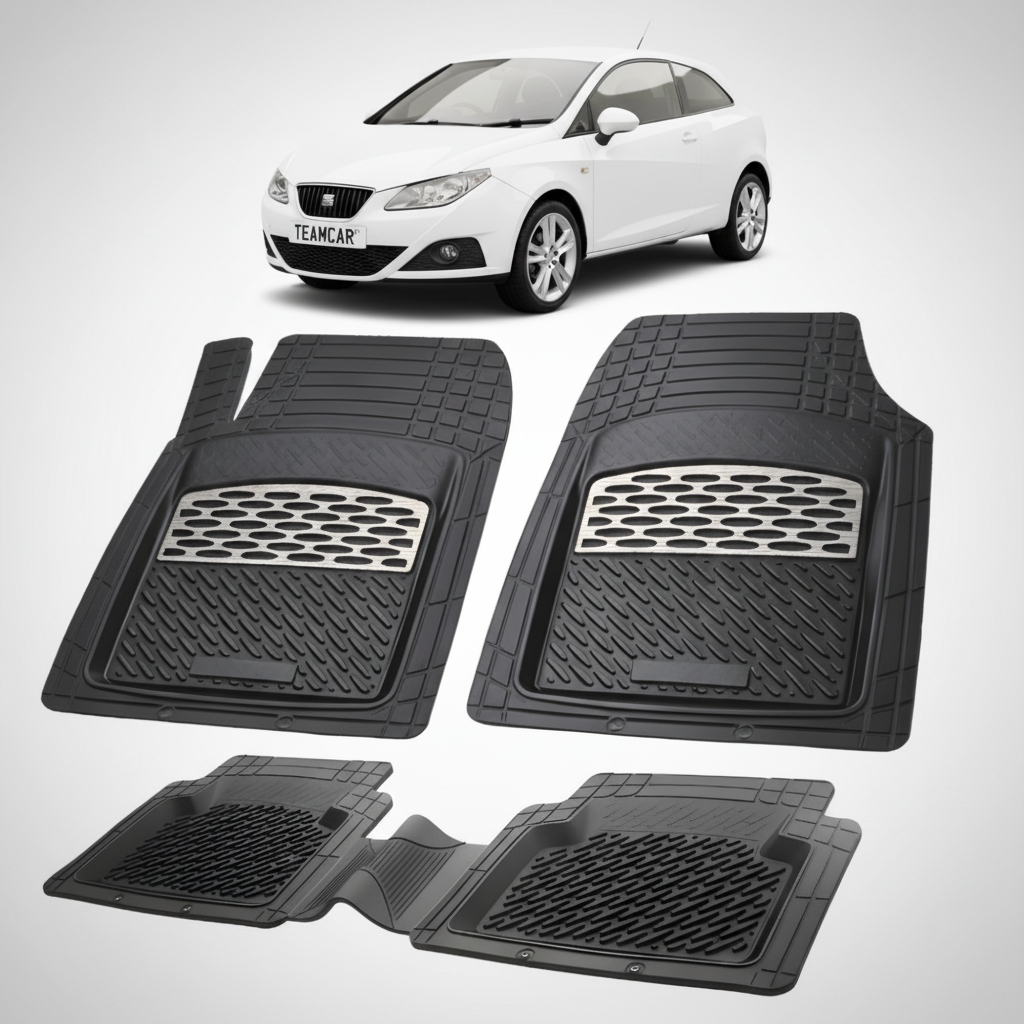 set de covorase din cauciuc negre cu accente gri cu un seat ibiza hatchback 3 usi alb in fundal