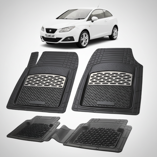 set de covorase din cauciuc negre cu accente gri cu un seat ibiza hatchback 3 usi alb in fundal