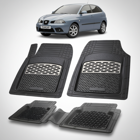 set de covorase din cauciuc negre cu accente gri cu un seat ibiza hatchback 5 usi facelift albastru-gri metalizat in fundal
