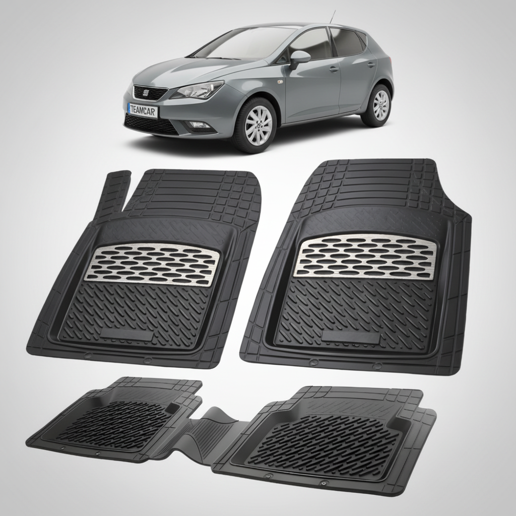 set de covorase din cauciuc negre cu accente gri cu un seat ibiza hatchback 5 usi facelift gri inchis in fundal