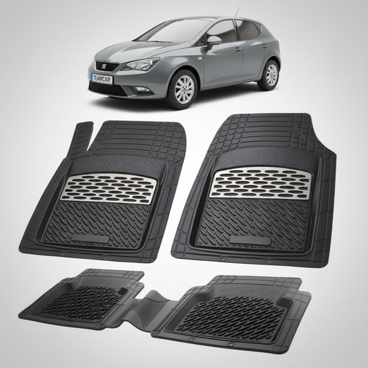 set de covorase din cauciuc negre cu accente gri cu un seat ibiza hatchback 5 usi facelift gri inchis in fundal