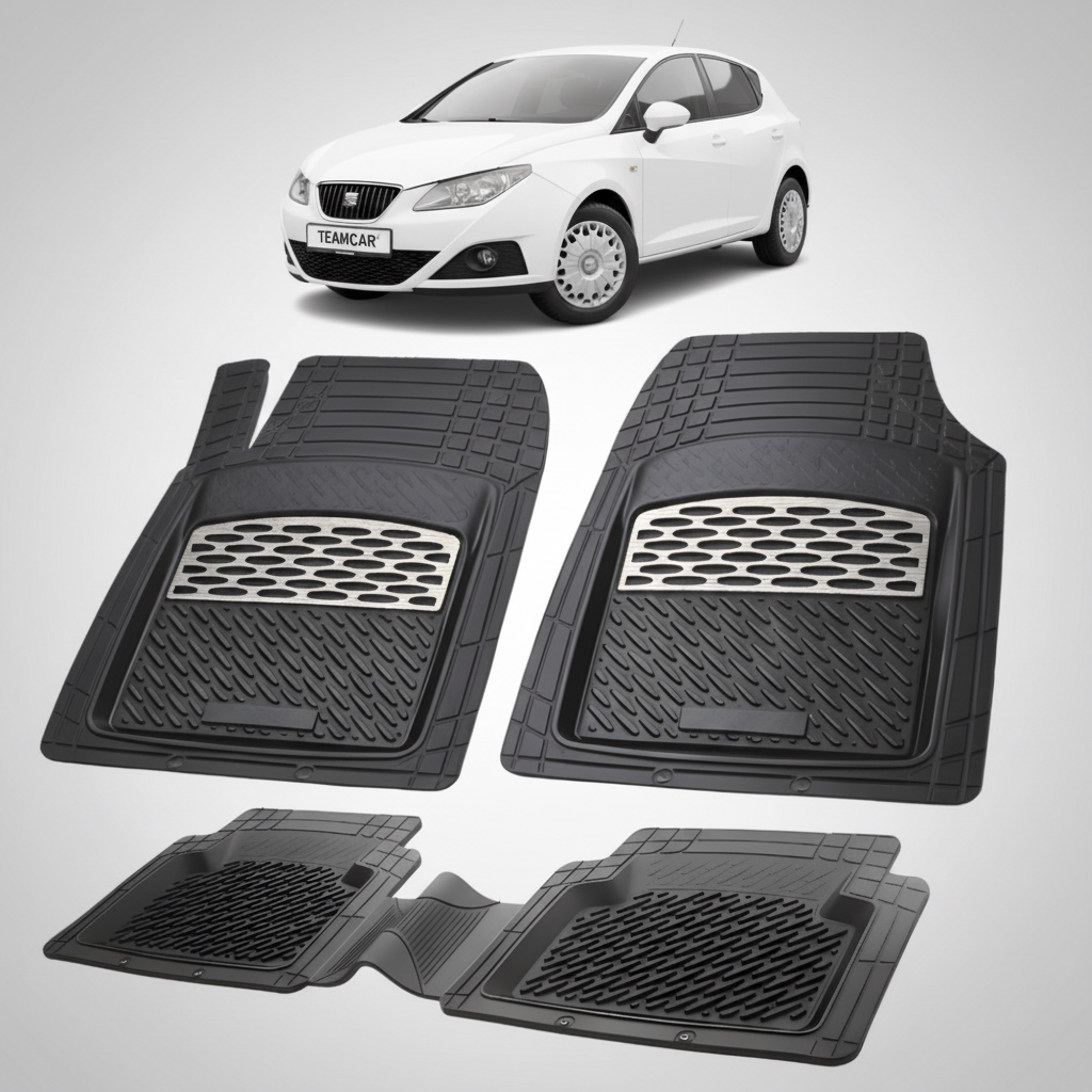 set de covorase din cauciuc negre cu accente gri cu un seat ibiza hatchback 5 usi alb in fundal