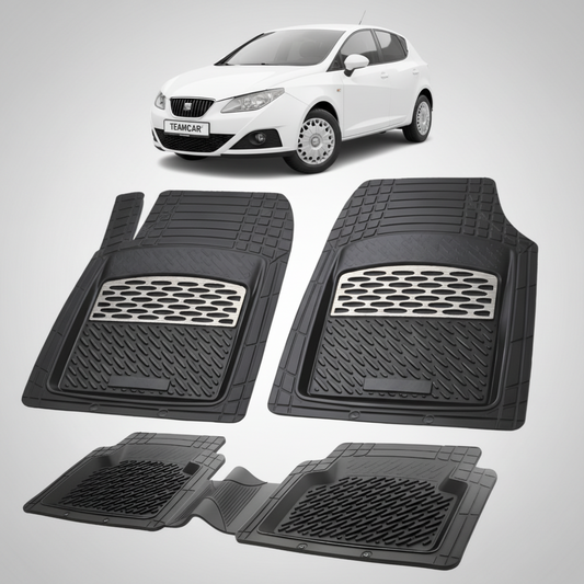 set de covorase din cauciuc negre cu accente gri cu un seat ibiza hatchback 5 usi alb in fundal