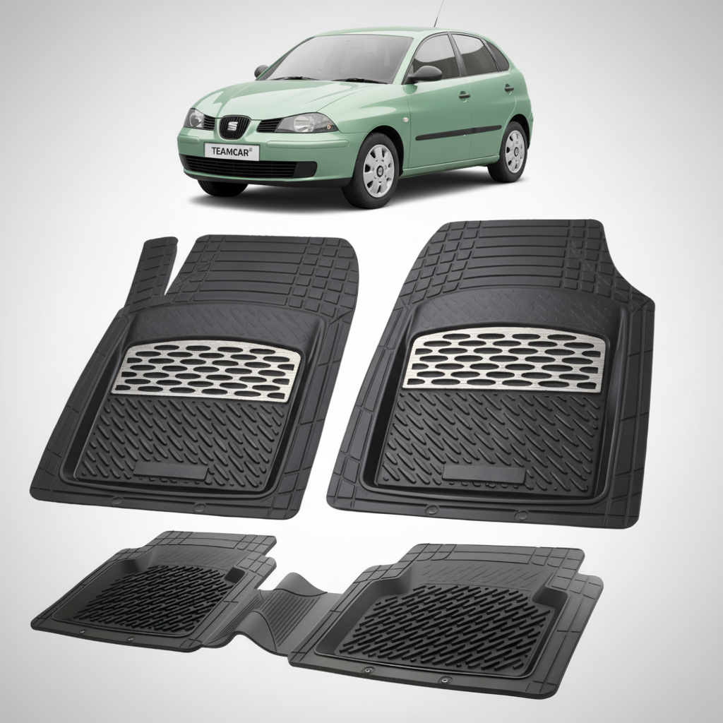 set de covorase din cauciuc negre cu accente gri cu un seat ibiza mk3 hatchback verde in fundal