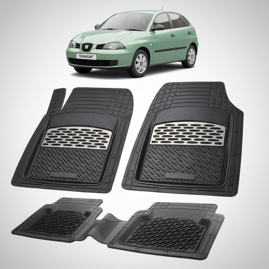 set de covorase din cauciuc negre cu accente gri cu un seat ibiza mk3 hatchback verde in fundal