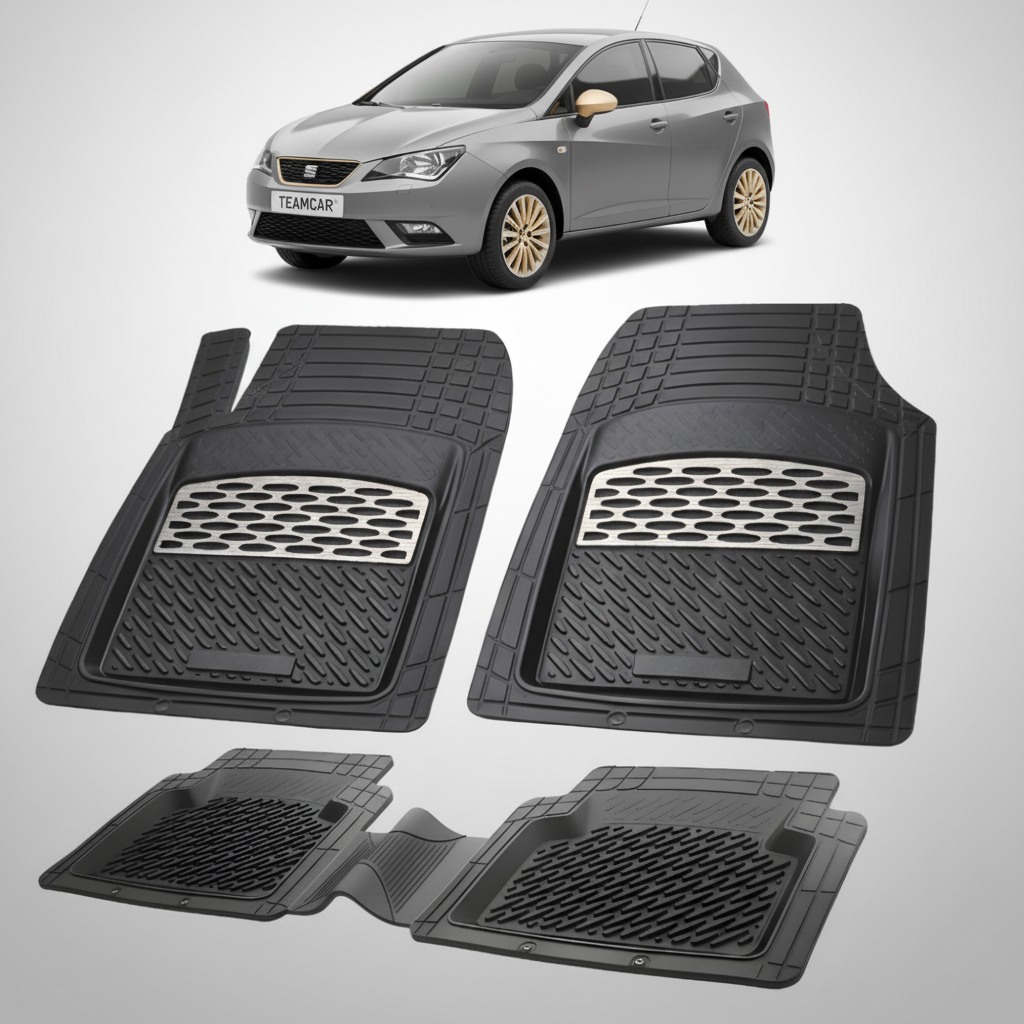 set de covorase din cauciuc negre cu accente gri cu un seat ibiza mk4 hatchback gri inchis in fundal