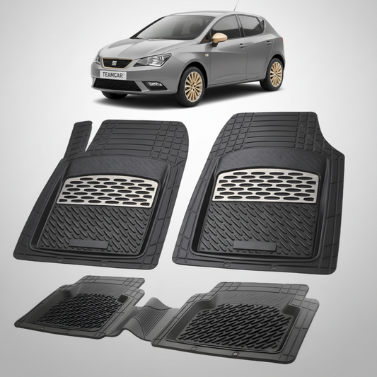 set de covorase din cauciuc negre cu accente gri cu un seat ibiza mk4 hatchback gri inchis in fundal