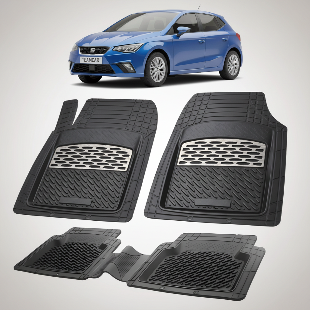 set de covorase din cauciuc negre cu accente gri cu un seat ibiza mk5 hatchback albastru in fundal