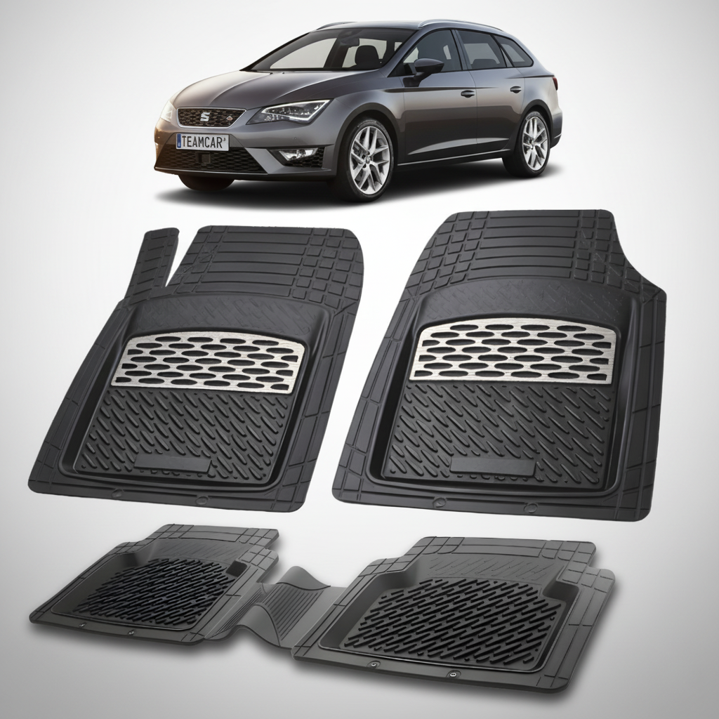 set de covorase din cauciuc negre cu accente gri cu un seat leon mk3 combi gri inchis in fundal