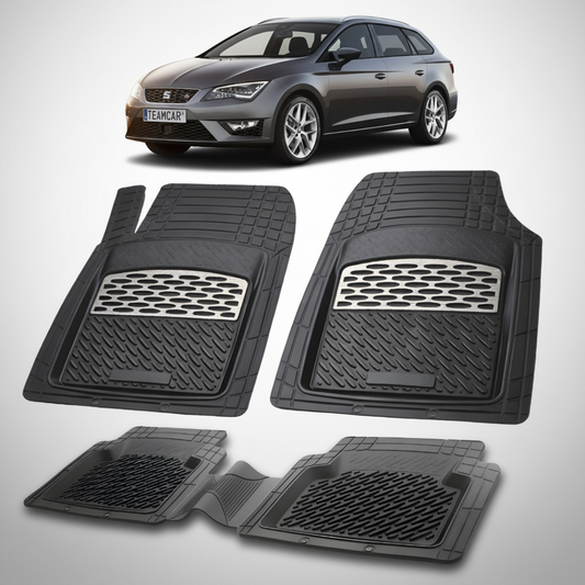 set de covorase din cauciuc negre cu accente gri cu un seat leon mk3 combi gri inchis in fundal