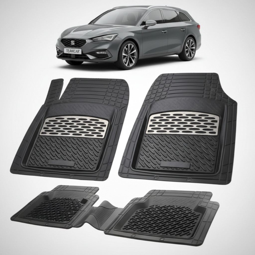 set de covorase din cauciuc negre cu accente gri cu un seat leon mk4 combi gri inchis in fundal