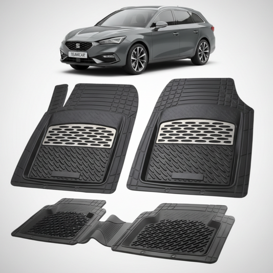 set de covorase din cauciuc negre cu accente gri cu un seat leon mk4 combi gri inchis in fundal