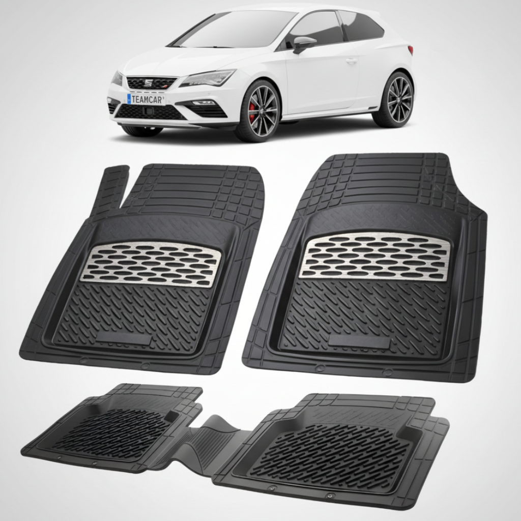set de covorase din cauciuc negre cu accente gri cu un seat leon hatchback 3 usi facelift alb in fundal