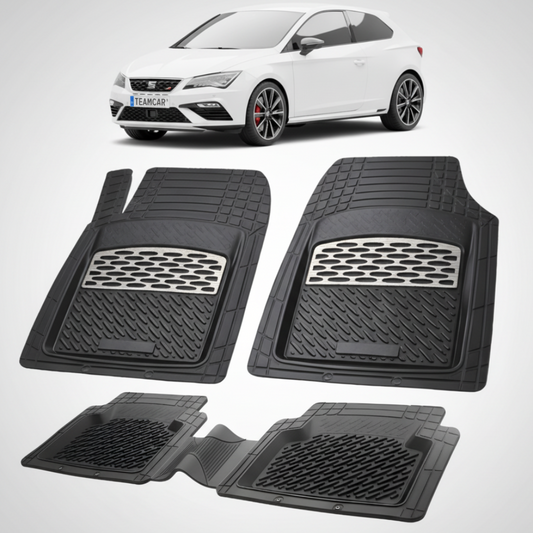 set de covorase din cauciuc negre cu accente gri cu un seat leon hatchback 3 usi facelift alb in fundal