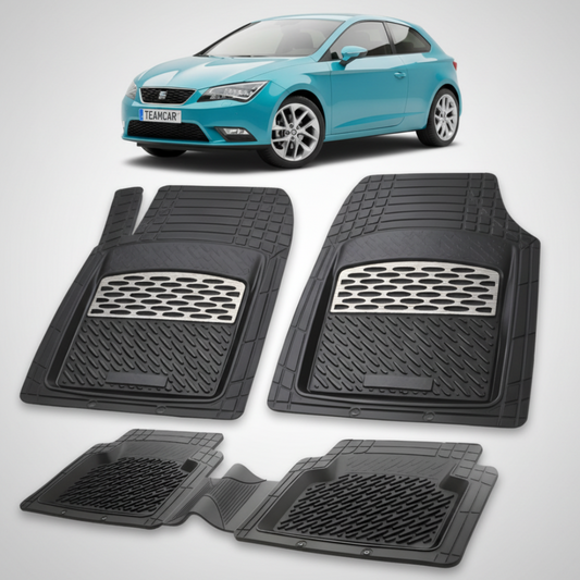 set de covorase din cauciuc negre cu accente gri cu un seat leon hatchback 3 usi facelift albastru in fundal