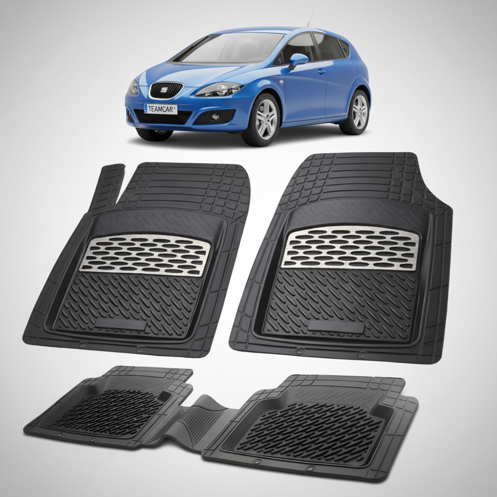 set de covorase din cauciuc negre cu accente gri cu un seat leon hatchback 5 usi facelift albastru in fundal