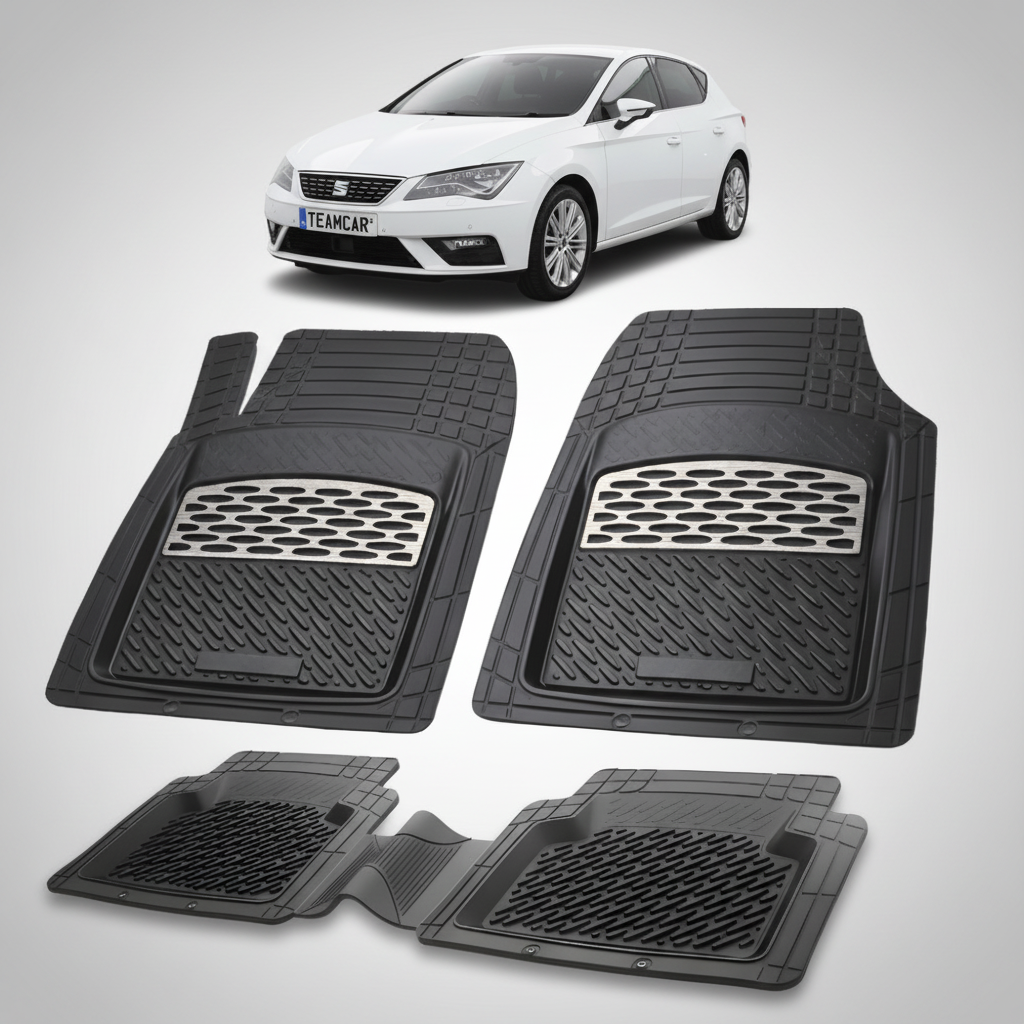 set de covorase din cauciuc negre cu accente gri cu un seat leon hatchback 5 usi facelift alb in fundal