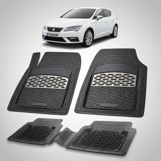 set de covorase din cauciuc negre cu accente gri cu un seat leon hatchback 5 usi facelift alb in fundal