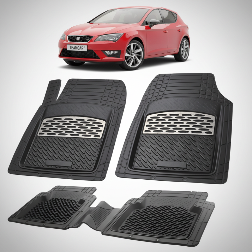 set de covorase din cauciuc negre cu accente gri cu un seat leon hatchback 5 usi  rosu in fundal