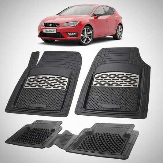 set de covorase din cauciuc negre cu accente gri cu un seat leon hatchback 5 usi  rosu in fundal