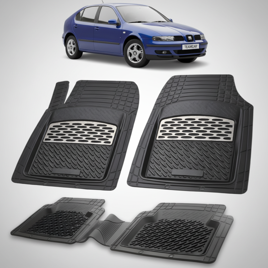 set de covorase din cauciuc negre cu accente gri cu un seat leon mk1 hatchback albastru in fundal