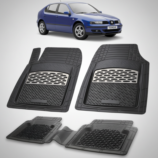 set de covorase din cauciuc negre cu accente gri cu un seat leon mk1 hatchback albastru in fundal