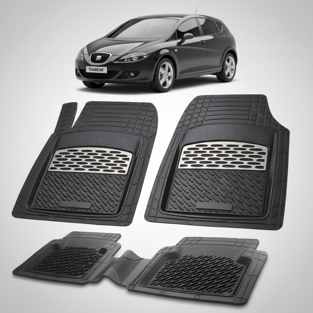 set de covorase din cauciuc negre cu accente gri cu un seat leon mk2 hatchback negru in fundal