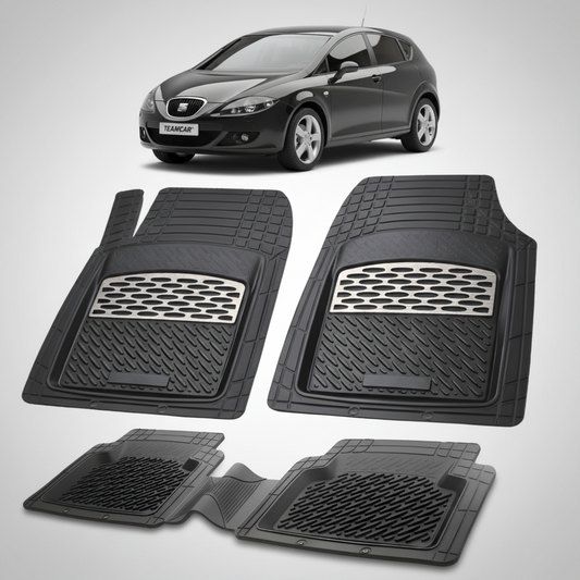 set de covorase din cauciuc negre cu accente gri cu un seat leon mk2 hatchback negru in fundal