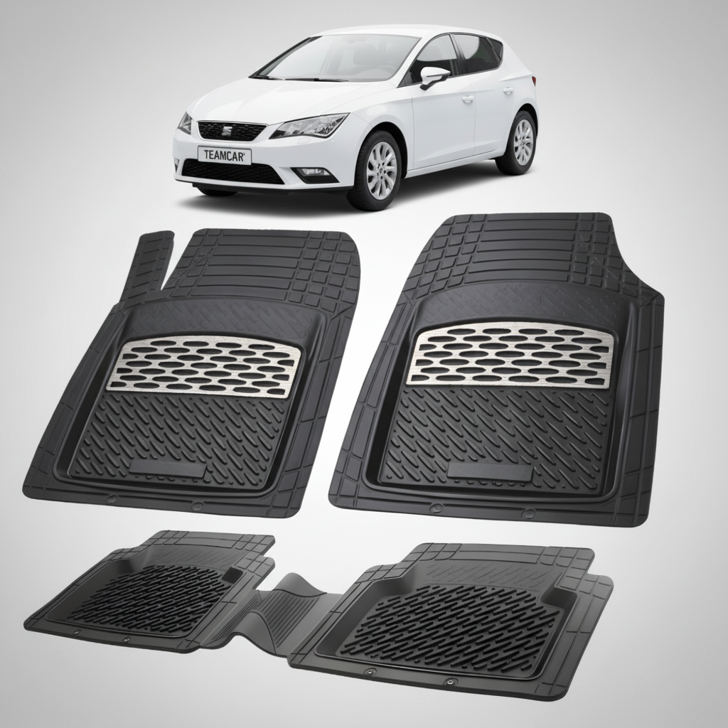 set de covorase din cauciuc negre cu accente gri cu un seat leon mk3 hatchback alb in fundal