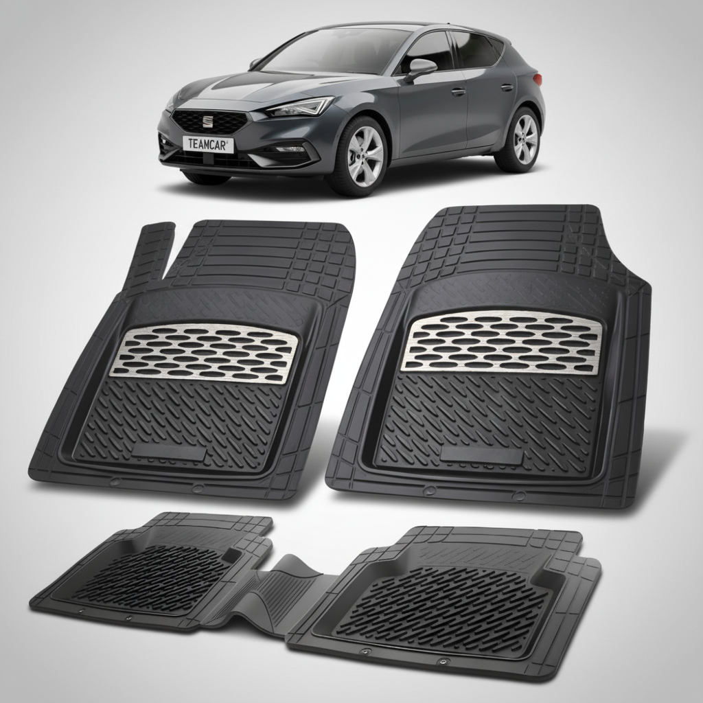 set de covorase din cauciuc negre cu accente gri cu un seat leon mk4 hatchback gri inchis in fundal